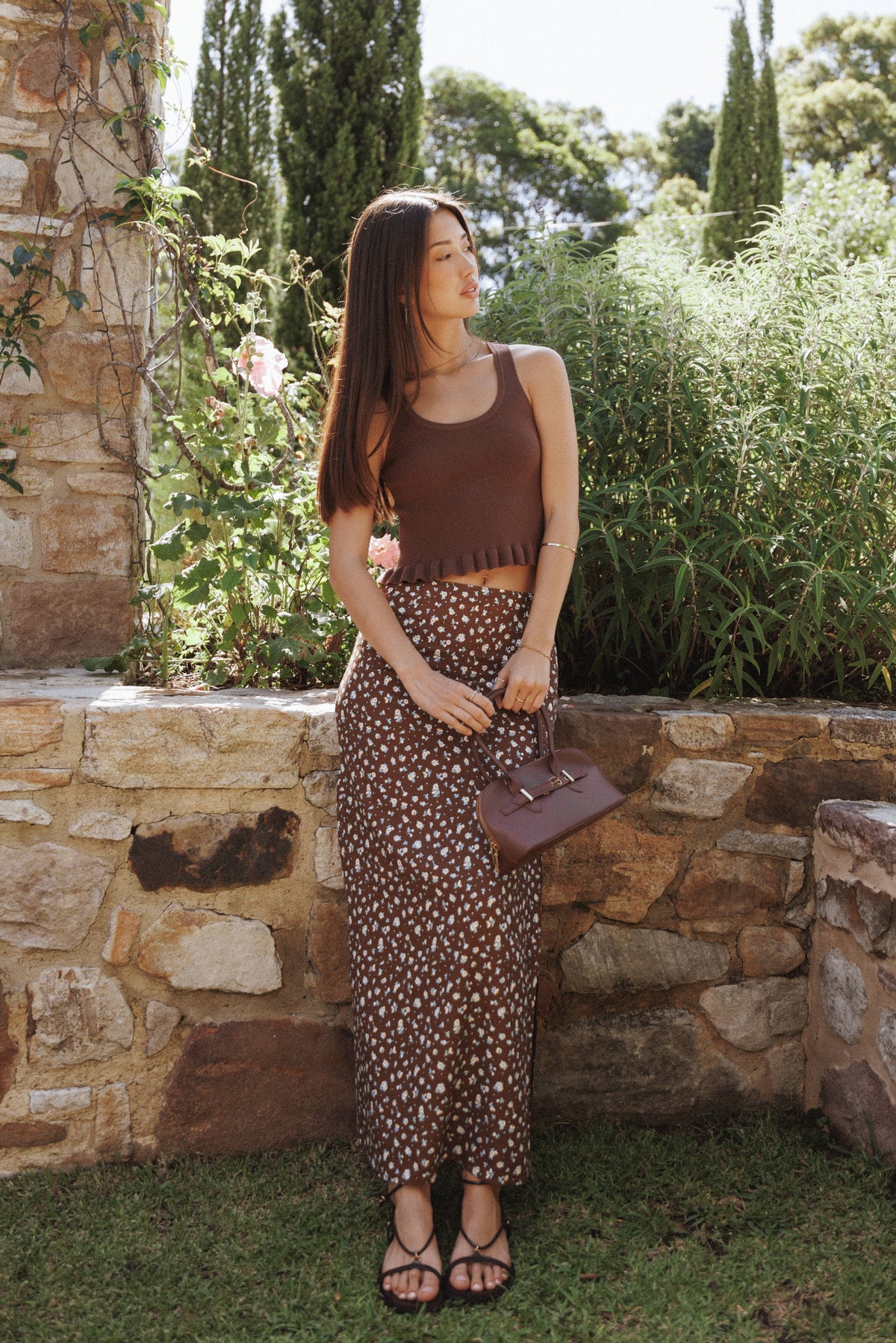 Madison Linen Column Skirt - Brown Floral
