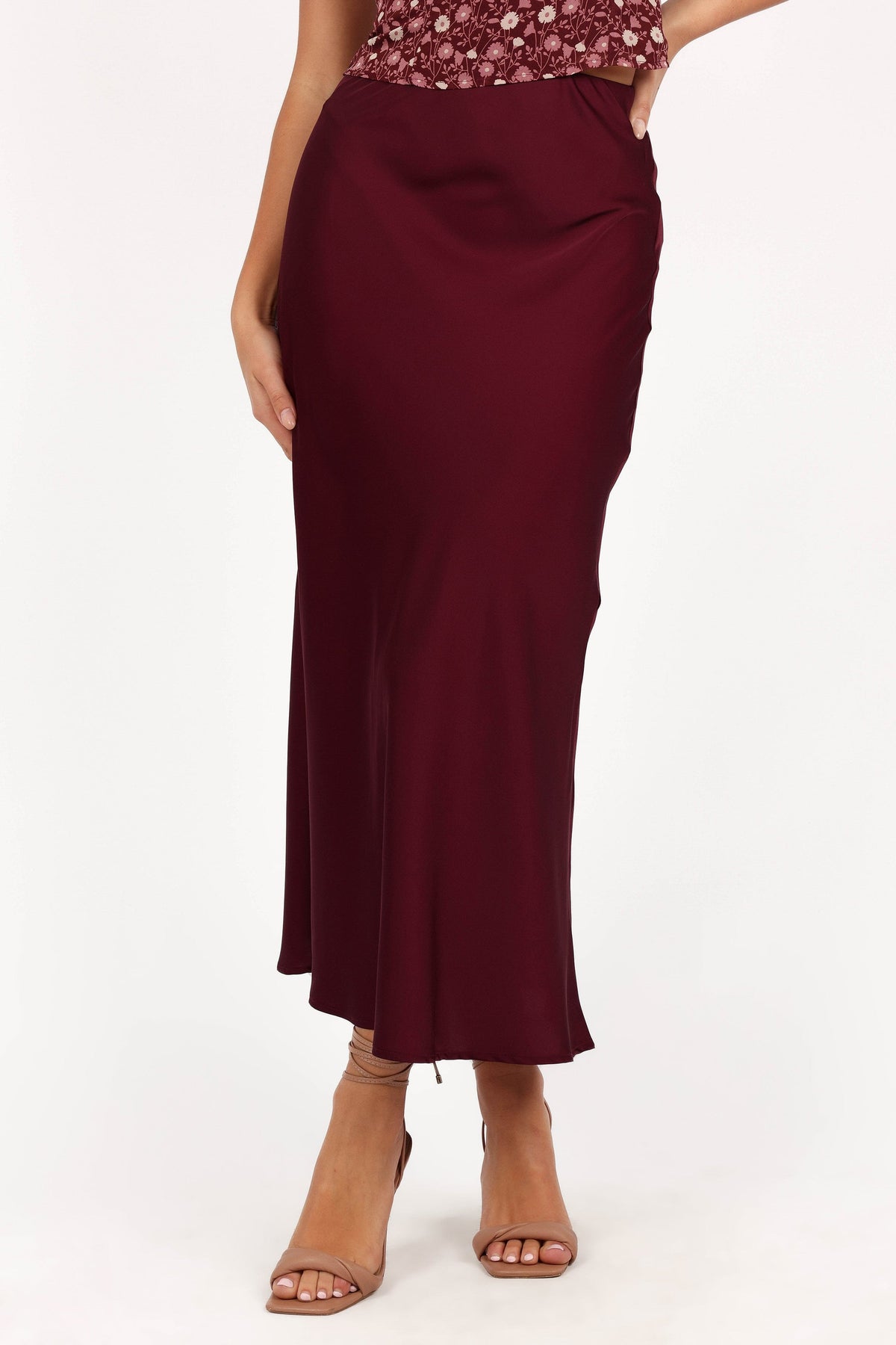 Nellie Satin Midi Skirt - Burgundy