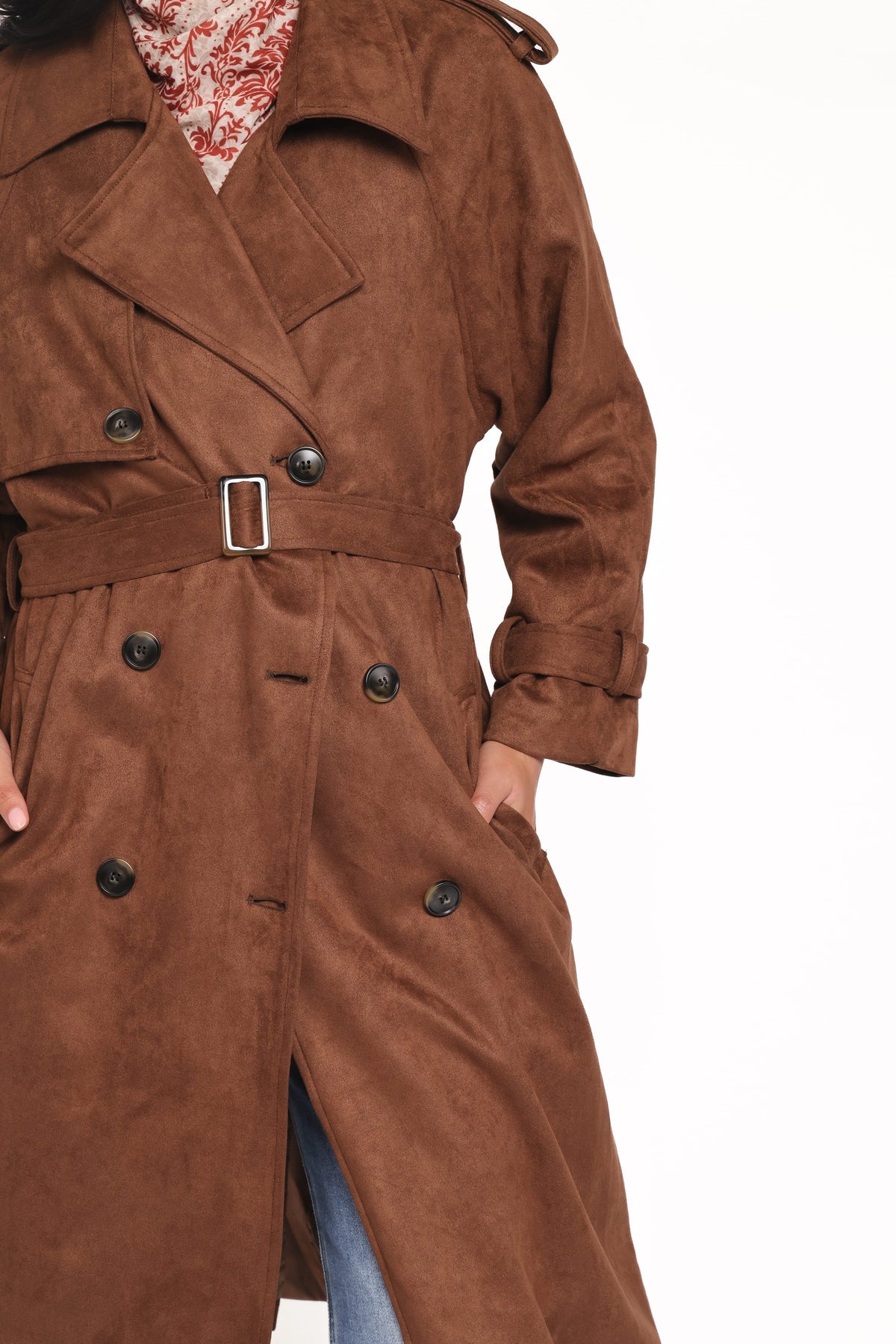 Micha Faux Suede Trench Coat - Brown