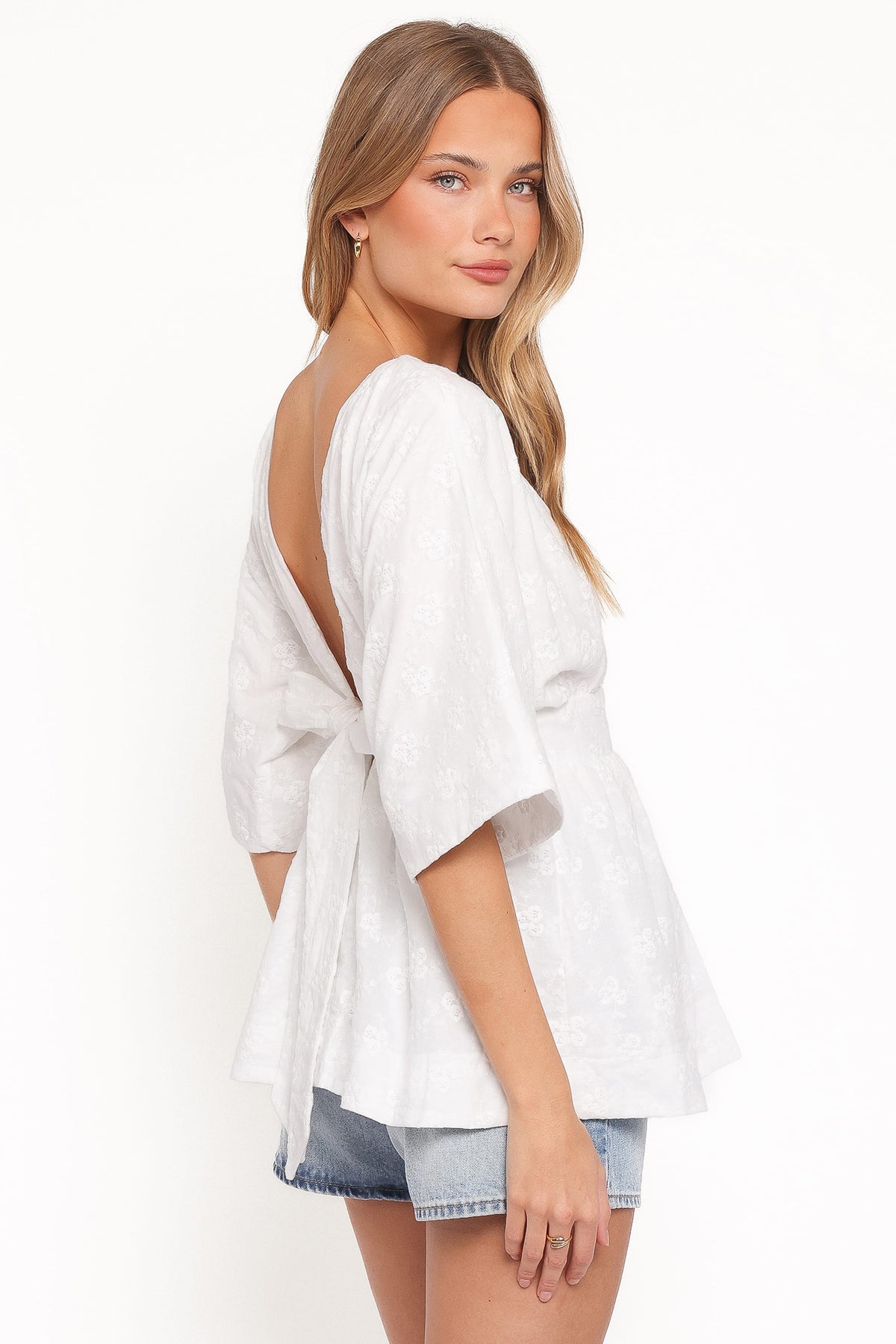 Camila Open Back Top - White Embroidery