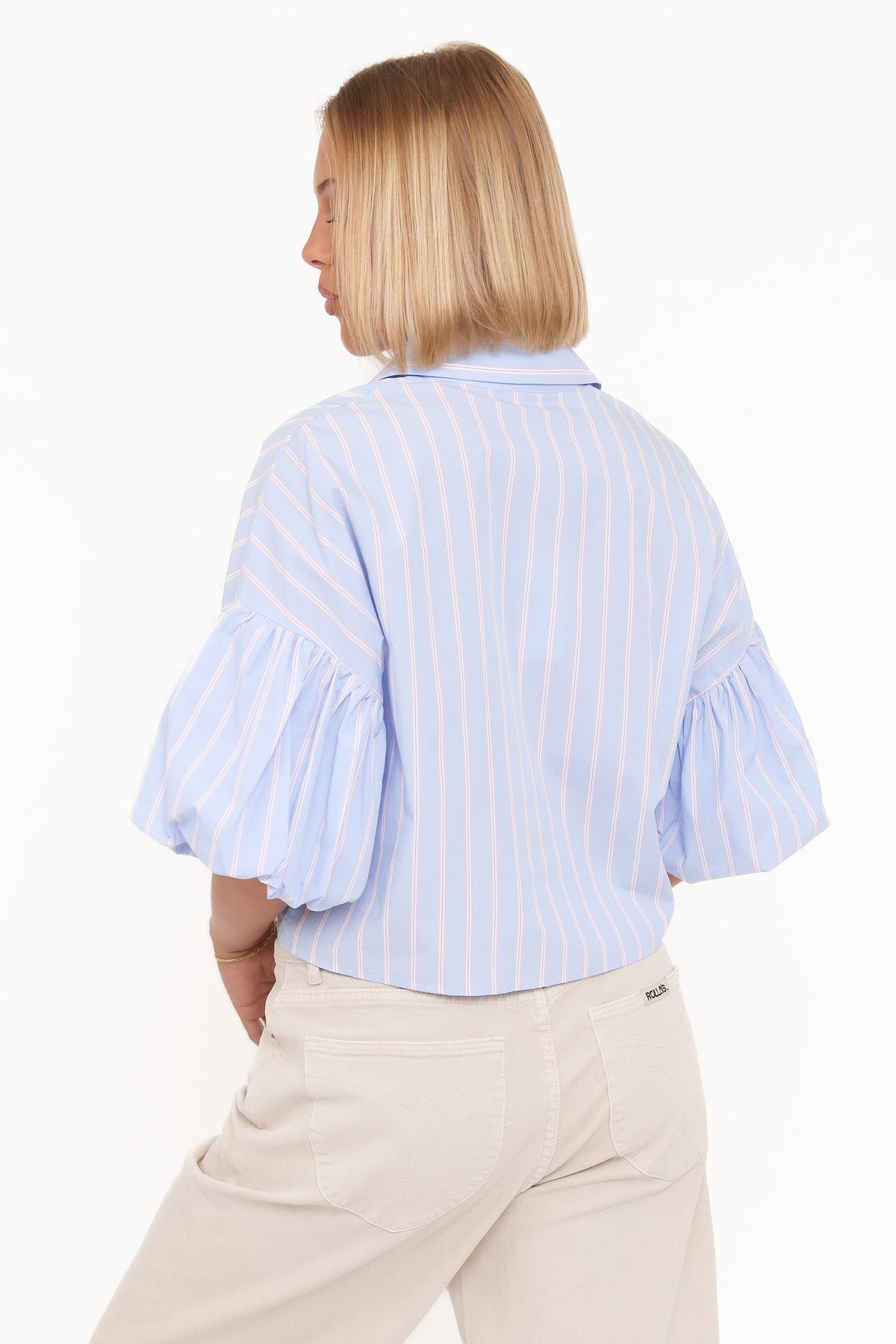 Zella Puff Sleeve Button Up Shirt - Blue White Stripe