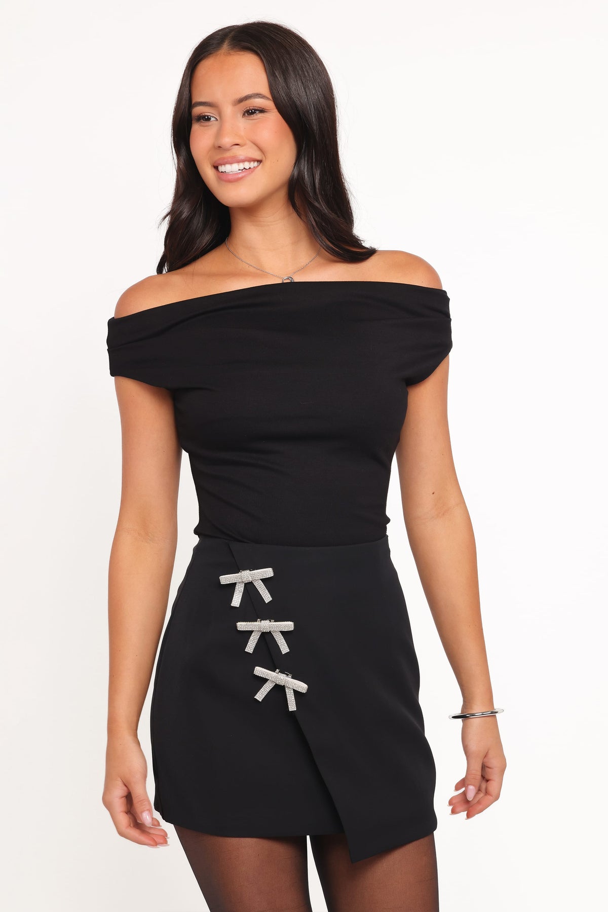Tyra Mini Skirt With Embellished Bows - Black