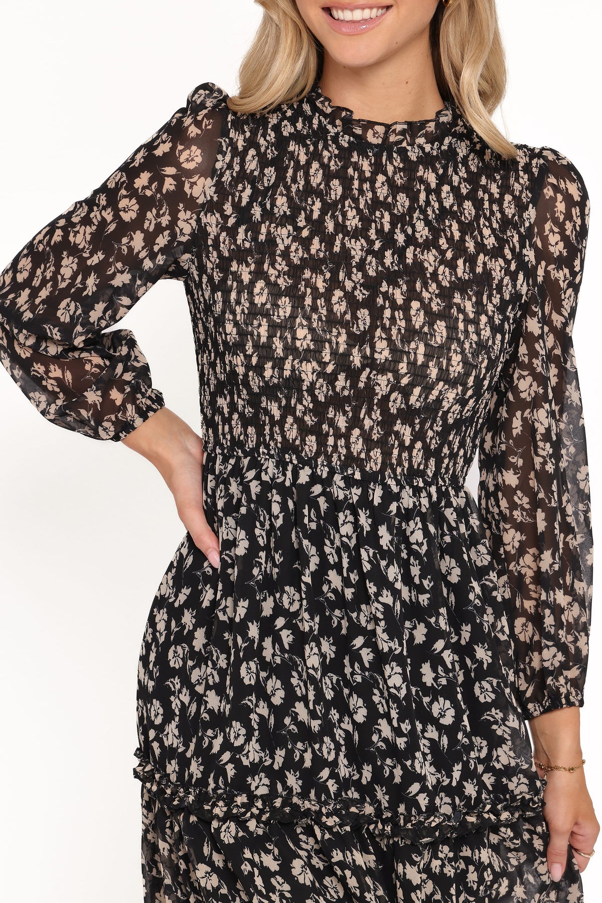 Edwina Shirred Frill Long Sleeve Midi Dress - Black Ditsy Floral