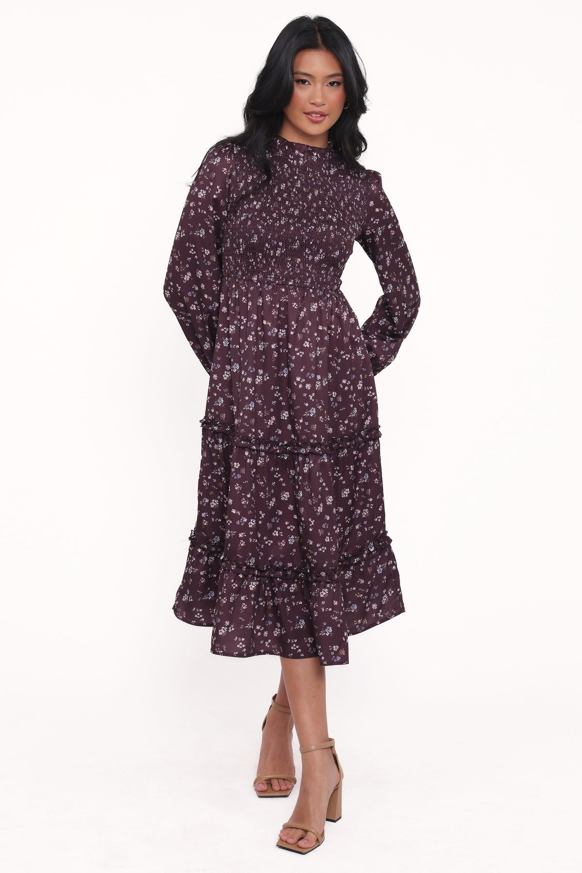 Edwina Shirred Frill Long Sleeve Midi Dress - Plum Floral