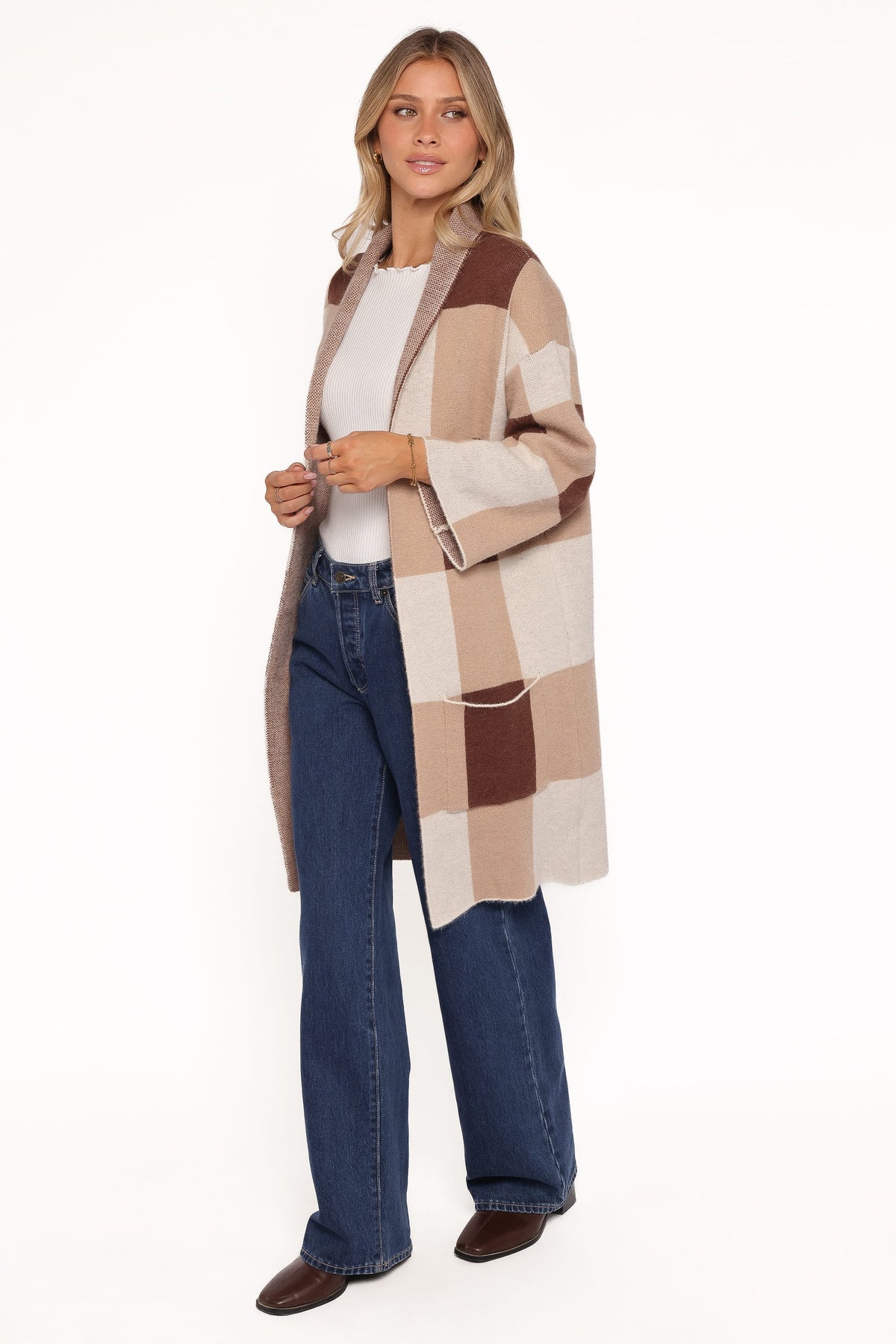 Ecoya Long Cardigan - Brown Plaid