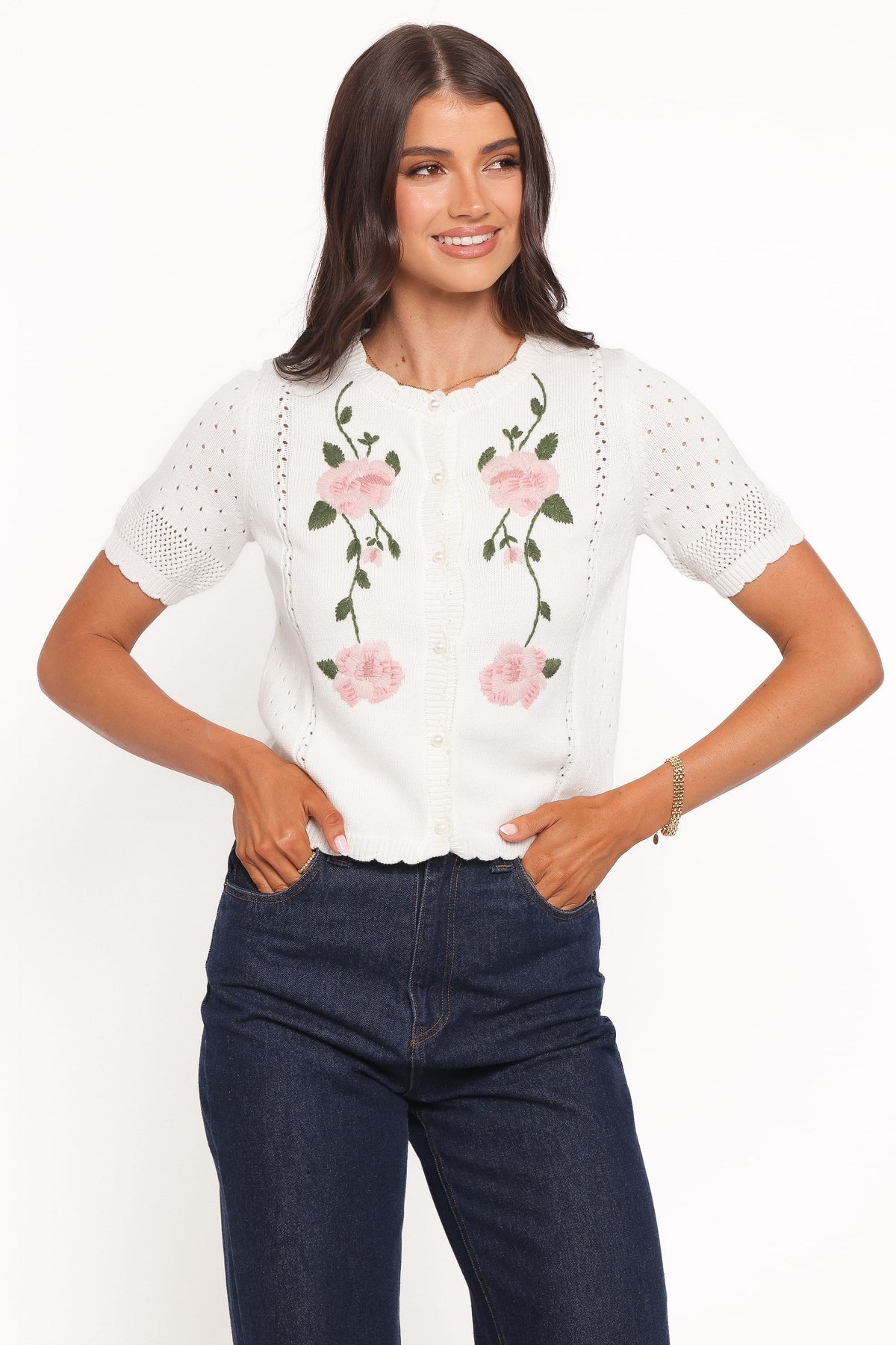 Rossi Floral Button Up Cardigan - White/Pink