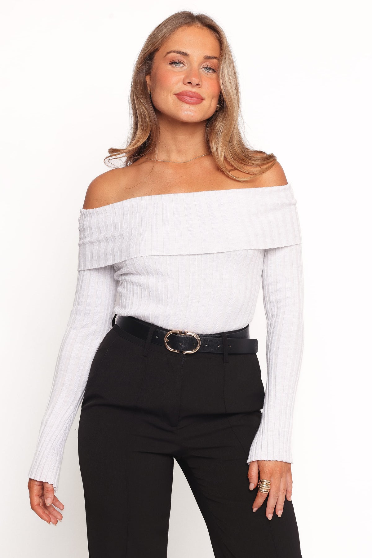 Anderson Wide Rib Off Shoulder Top - Pastel Grey