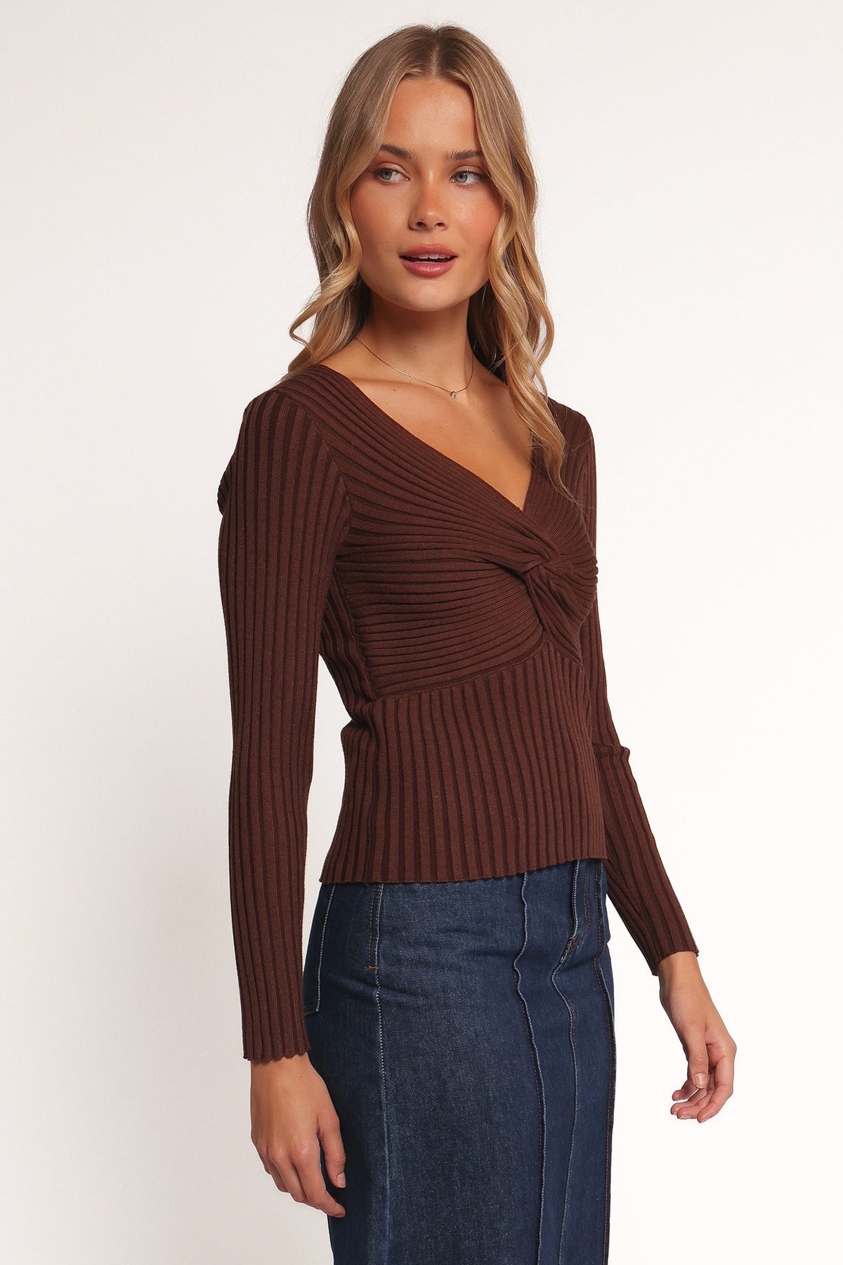 Demi Twist Detail Knit Top - Brown