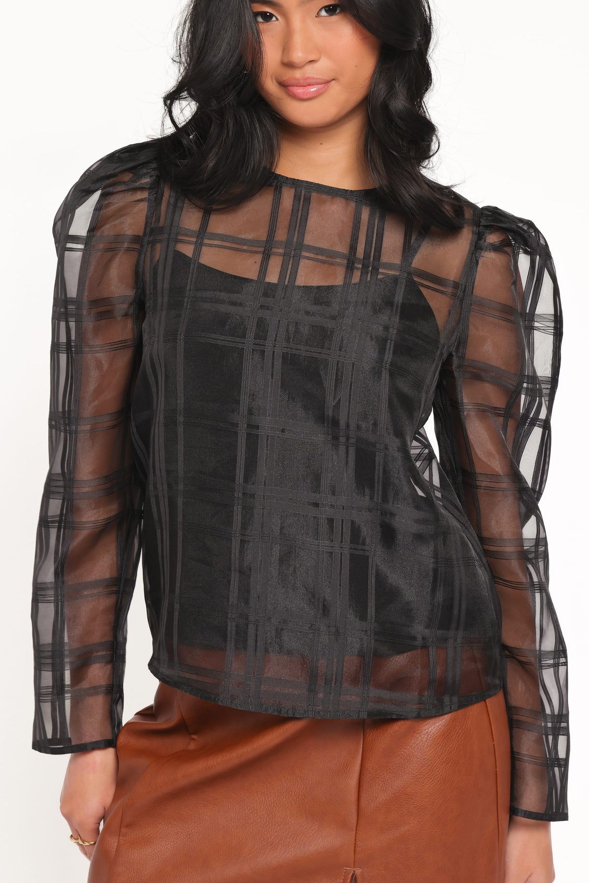 Peony Long Sleeve Sheer Top with Cami - Black